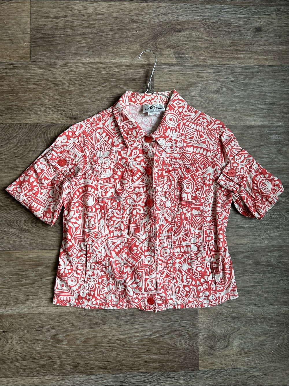 Vintage NTouch Abstract Geometric Print Shirt Jacket Coral Red White Size 8